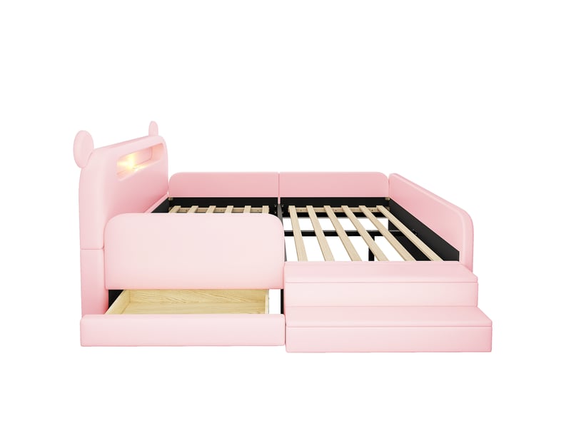 Lit 2 places 140x200 cm - lit enfant avec tête de lit ours, rangement, veilleuse et usb - rose - Conforama W