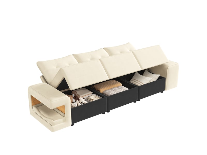 Canapé modulable 3 places beige avec rangement intégré et espace animal rembourré - Conforama D