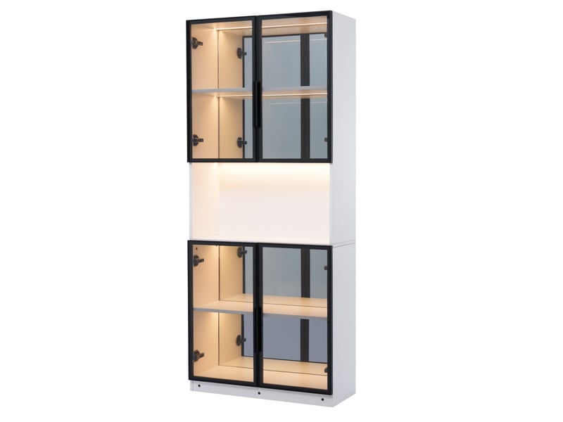  Vitrine vitrée 70 x 30 x 170 cm - blanc - led intégrée, portes en verre gris, fond miroir et rangement  - Conforama D