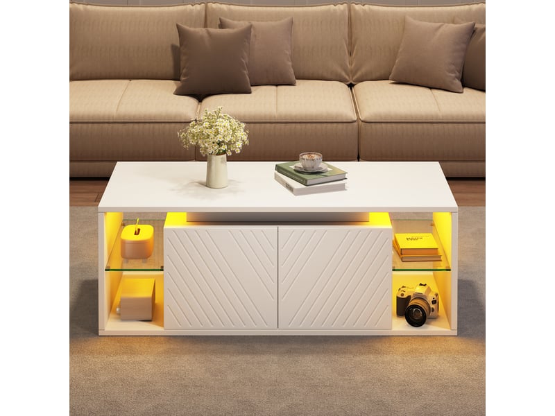  Table basse 100x50x41 cm avec led via appli, 2 portes, rangements semi-ouverts, façades à motif diagonal, panneau blanc, pour salon moderne  - Conforama B