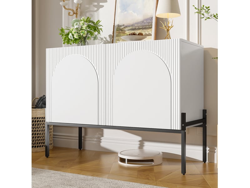  Buffet 2 portes avec rangement, pieds en métal, lignes arquées et rainures pour salon, blanc, 100 × 40 × 75 cm  - Conforama B