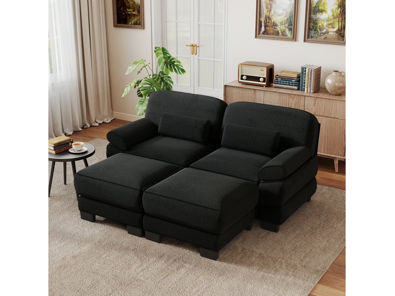 Canapé droit 2 places avec 2 poufs en velours côtelé noir - Conforama W