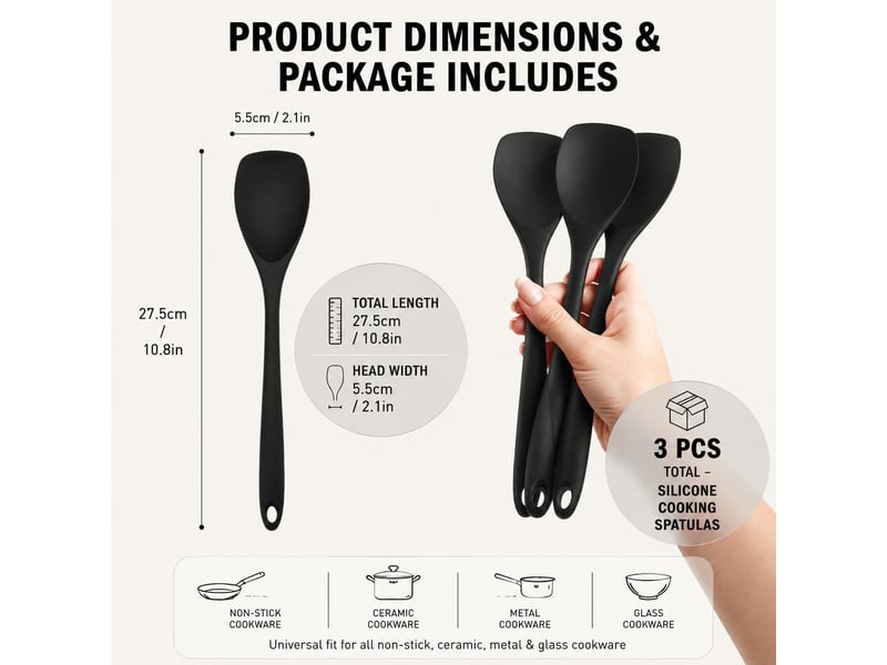  3 pcs cuillères en silicone 27 cm noir, résistantes à 210°c, antiadhésives sans rayures, ustensiles cuisine pour mélanger cuire servir CSTY-0010112TY - Conforama B