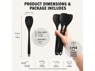 3 pcs cuillères en silicone 27 cm noir, résistantes à 210°c, antiadhésives sans rayures, ustensiles cuisine pour mélanger cuire servir
