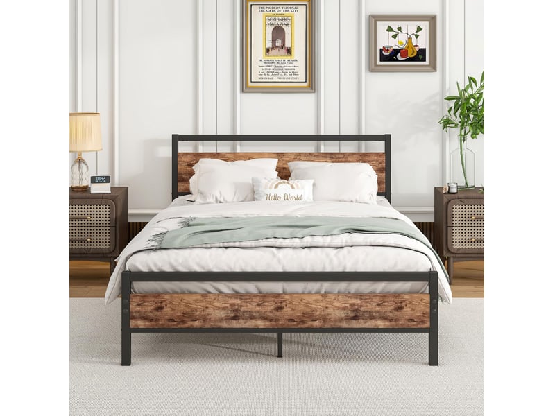  Cadre de lit modenvie 140 x 200 cm en métal et mdf avec sommier à lattes, espace de rangement sous le lit, brun antique  - Conforama D