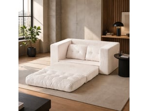 Canapé droit convertible 2 places en velours côtelé beige 140 cm, format compact pour petits espaces et invités