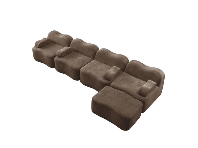 Canapé modulable 4 places 384x167x70 cm, dossier ondulé, mousse 32d, 1 pouf, velours, marron - Conforama A