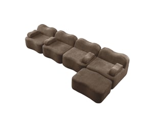 Canapé modulable 4 places 384x167x70 cm, dossier ondulé, mousse 32d, 1 pouf, velours, marron