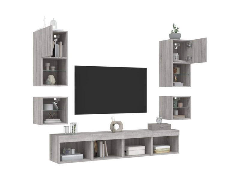  Meuble tv - unités murales tv avec led 8 pcs gris sonoma bois d'ingénierie  - Conforama D