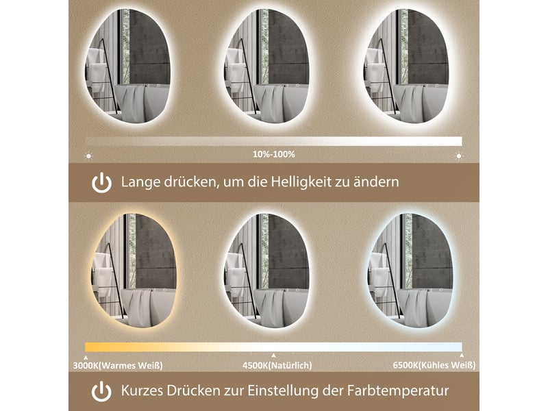  Miroir de salle de bain asymétrique avec led en verre trempé argenté 70x50 cm  - Conforama D