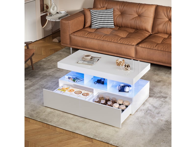 Table basse 104x53cm blanc brillant et blanc - design moderne avec éclairage led, 2 tiroirs et prise européenne standard - Conforama E