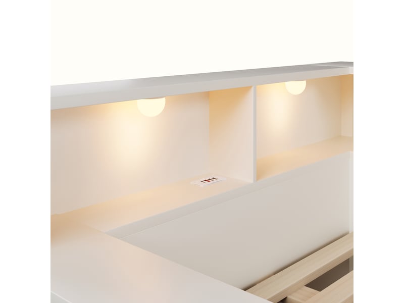  Lit double 140x190 cm en bois avec rangement, éclairage de lecture, ports usb et usb-c, tiroirs et étagères ouvertes blanc chicfurn  - Conforama E
