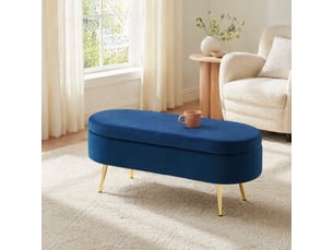 Banc de rangement 110x40x42 cm, coffre 20 l, pieds en bois, meuble chambre, meuble bureau et salon, velours, bleu foncé
