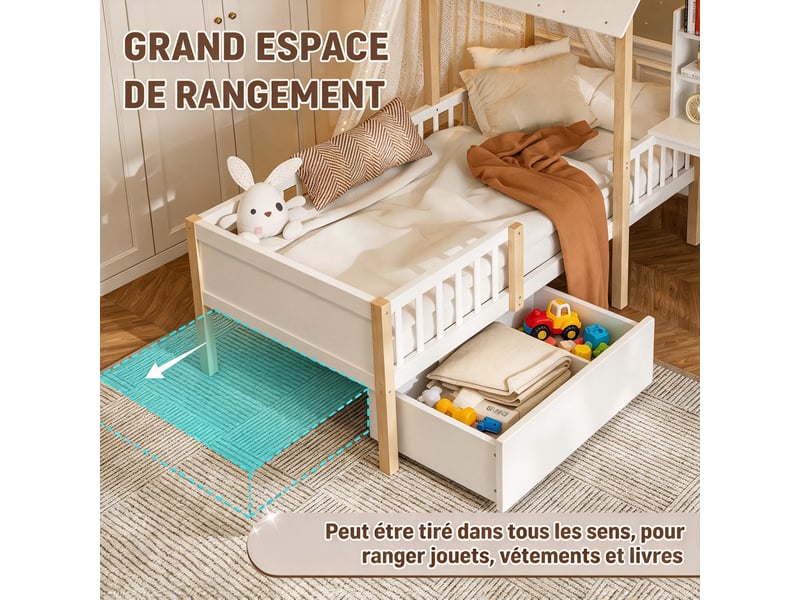  Lit cabane enfant 90x200 cm avec bureau en l, bibliothèque et tiroirs à roulettes, bois massif et mdf, blanc  - Conforama E