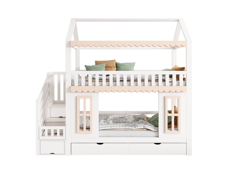 Lit superposé maison blanc et naturel 90x200 cm en pin et mdf, escalier de rangement, 2 tiroirs, fenêtres et moulures - Conforama A