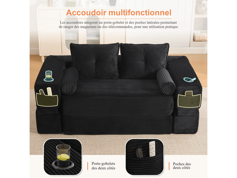  Canapé droit convertible 2 places en velours côtelé noir 180 x 98 x 80 cm, avec poches, porte-gobelet et coussins, salon 180x98x80cm - Conforama D