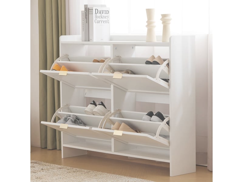  Meuble à chaussures design moderne blanc avec 4 compartiments abattants et étagère ouverte, meuble de rangement pratique pour entrée ou couloir - 110x24x90 cm  - Conforama C