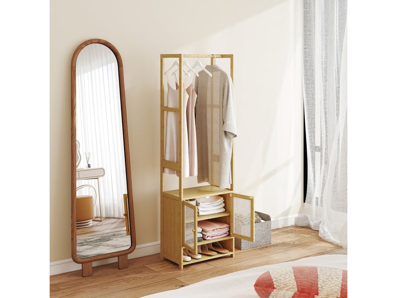 Porte-manteau en bambou avec meuble à chaussures, tringle et étagère réglable pour entrée, 53 x 31 x 168 cm, naturel  - Conforama D