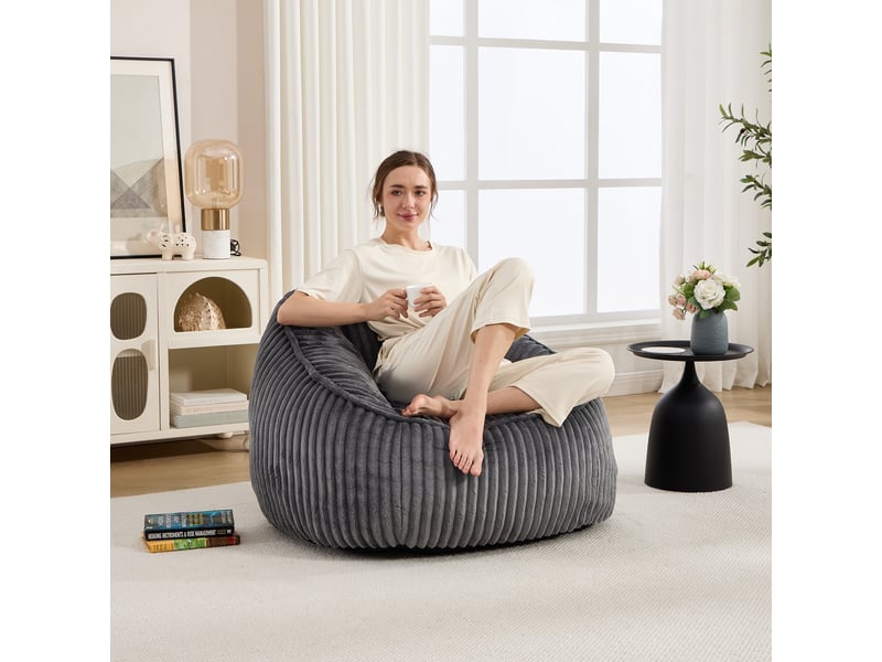 Fauteuil 1 place - 98x92x73cm - fauteuil pouf en mousse à mémoire de forme et peluche rayée - gris  - Conforama D