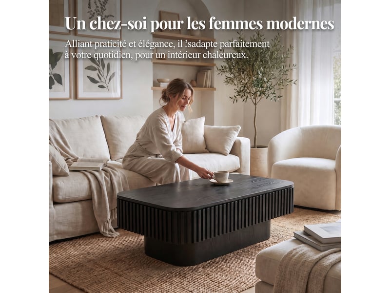 Table basse muvano table basse rectangulaire avec rangement caché bois cannelé noir 98 x 60 cm pour salon - Conforama D