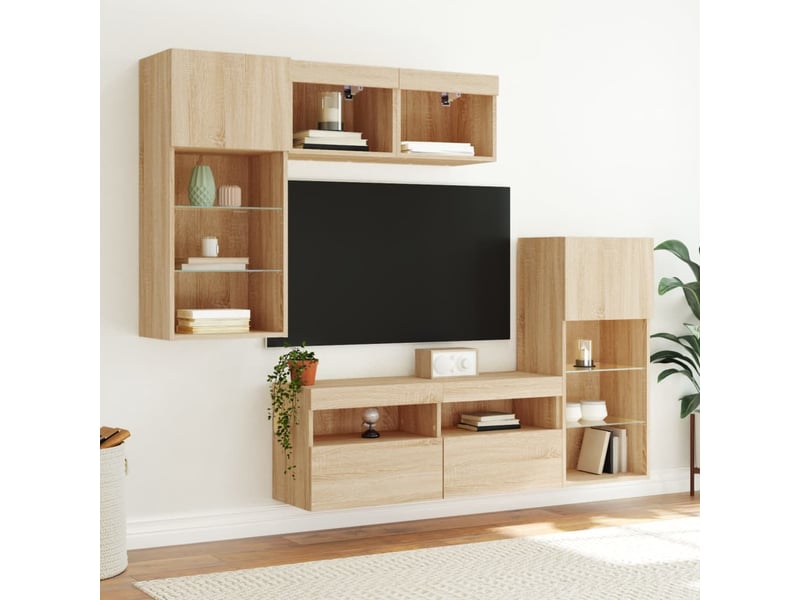 Meuble tv - unités murales tv avec led 5 pcs chêne sonoma bois d'ingénierie - Conforama C