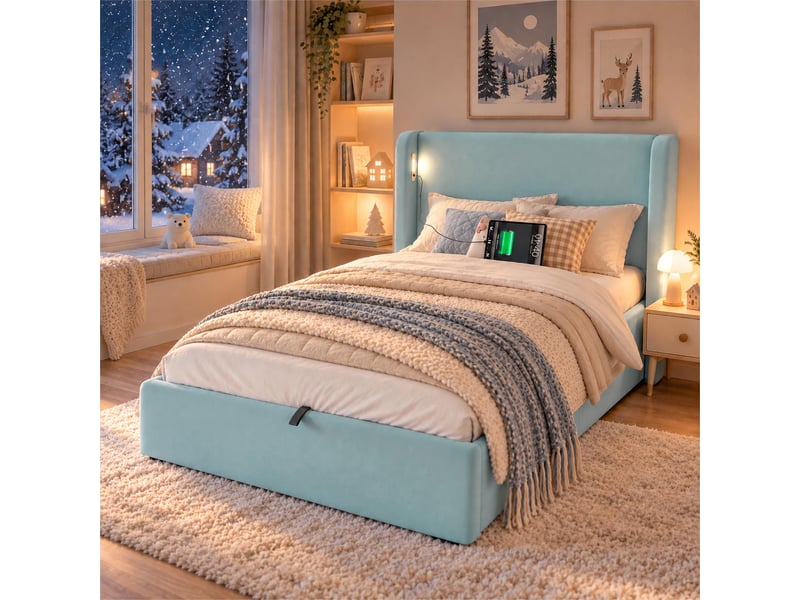  Lit simple 90 x 200 cm avec led, usbusb-c et coffre hydraulique - lit rembourré avec sommier à lattes et tête de lit enveloppante en velours bleu Fay Lum - Conforama R