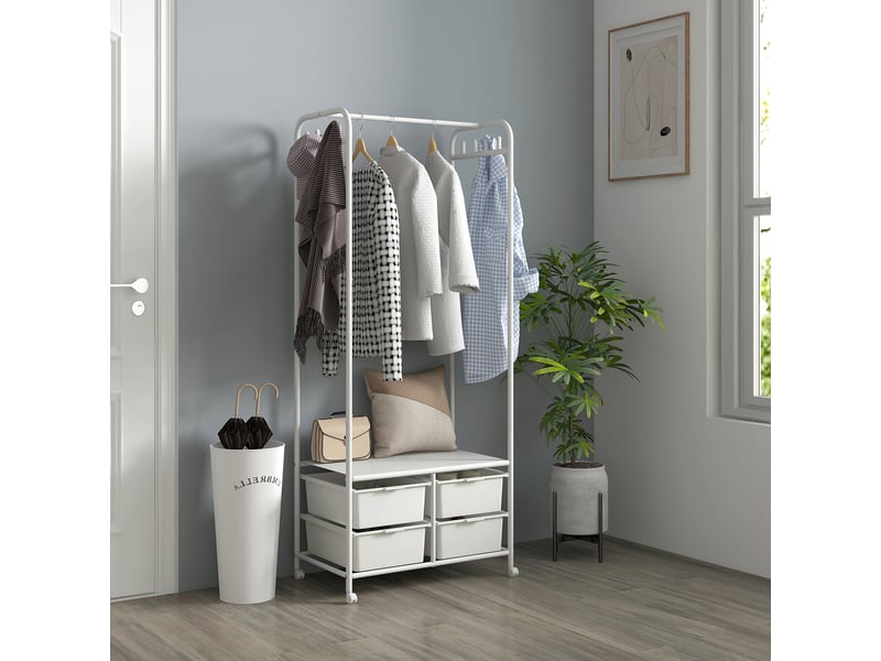 Porte-manteau à roulettes pour entrée, avec 8 crochets, 4 paniers à chaussures et structure en acier, 63 x 37 x 153 cm, blanc - Conforama C