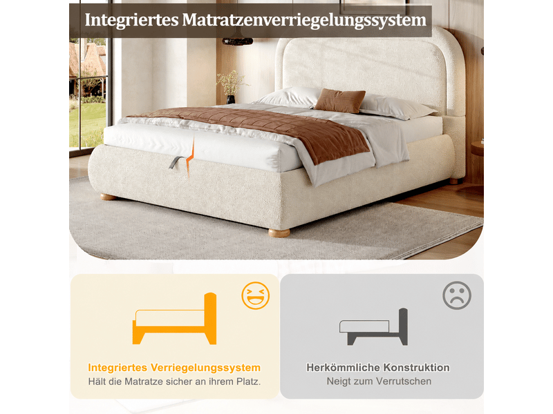  Lit coffre hydraulique 140x200 cm rembourré en bouclé beige avec tête de lit capitonnée, grand rangement et sommier à lattes Morn Vibe - Conforama D