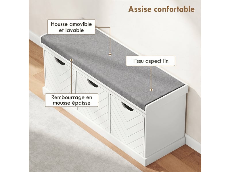  Banc chaussures entrée, banc de rangement avec 3 tiroirs amovibles et coussin rembourré en tissu aspect lin, blanc  - Conforama D