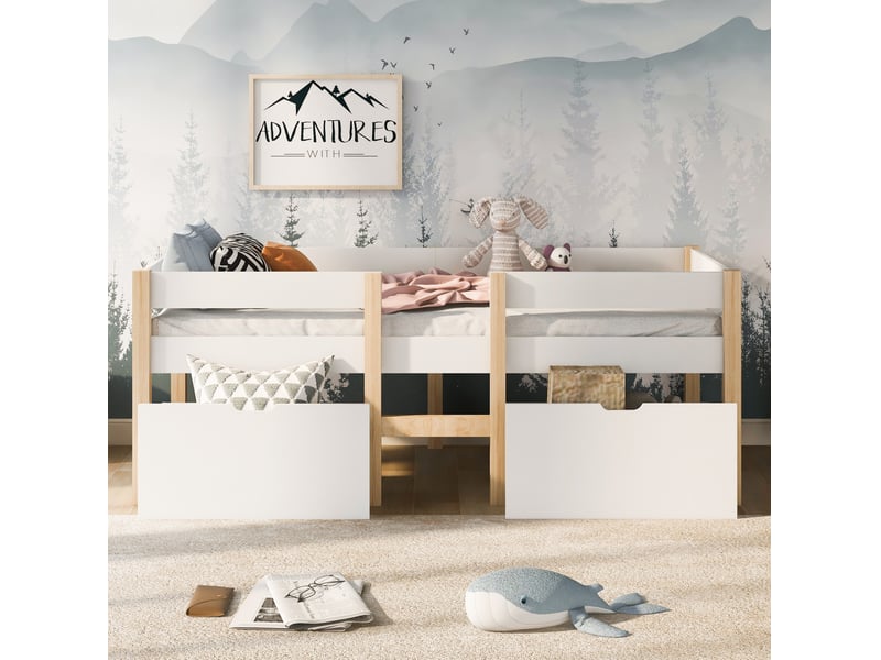  Lit semi-hauteur enfant avec tiroirs et barrière de sécurité 90 x 190 cm blanc et chêne  - Conforama C