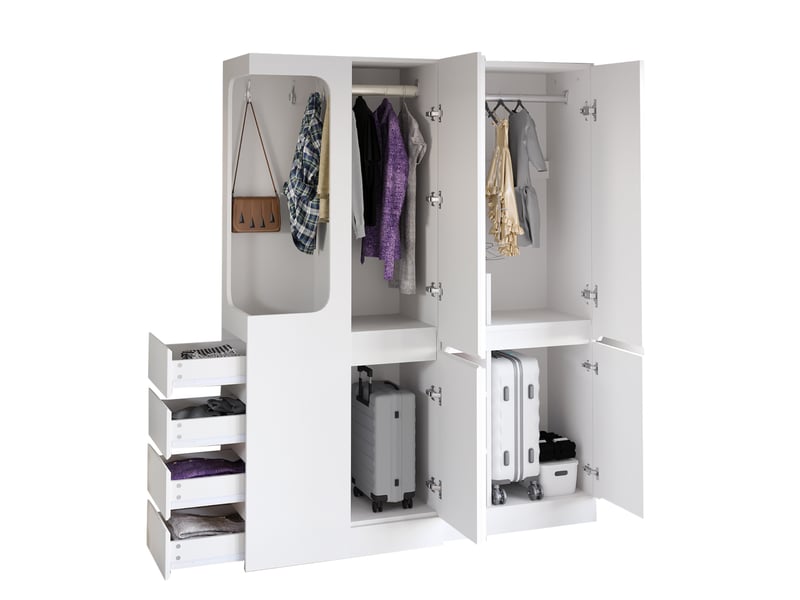  Armoire grande capacité 140x40x170 cm, penderie ouverte, 4 tiroirs et multiples compartiments, bois, couleur blanc  - Conforama A