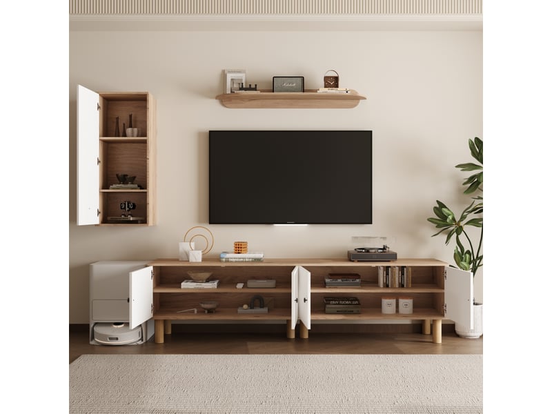  Composition murale tv 180 cm – blanc et bois, portes décor sculpté, meuble salon moderne  - Conforama B
