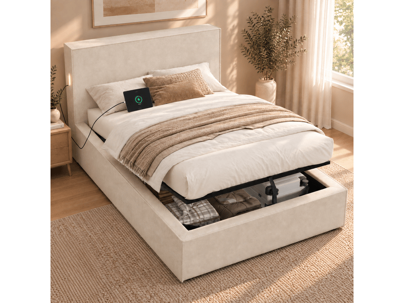 Lit coffre rembourré 90x200 cm coloris beige chenille - Conforama B