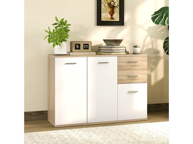  Buffet de salon, meuble de rangement avec 2 tiroirs, 3 portes et une étagère réglable, 106 x 35 x 76 cm, bois blanc et naturel  - Conforama D