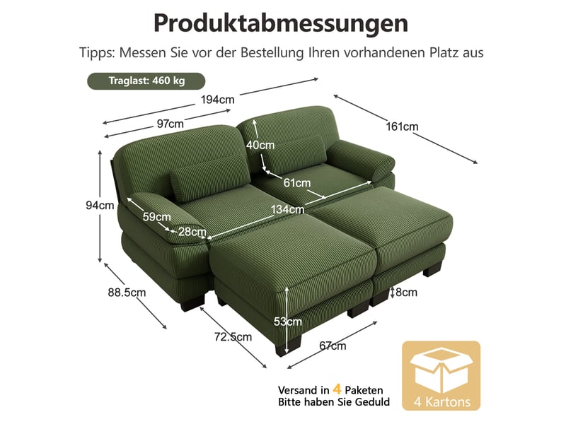  Canapé modulable 2 places avec 2 poufs en velours côtelé vert  - Conforama C