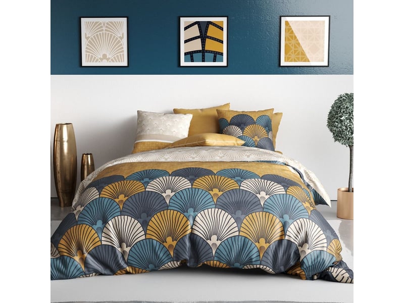  Parure housse de couette 240x220cm + 2 taies motif rétro bleu et jaune 100% coton - mandy MANDY - Conforama A