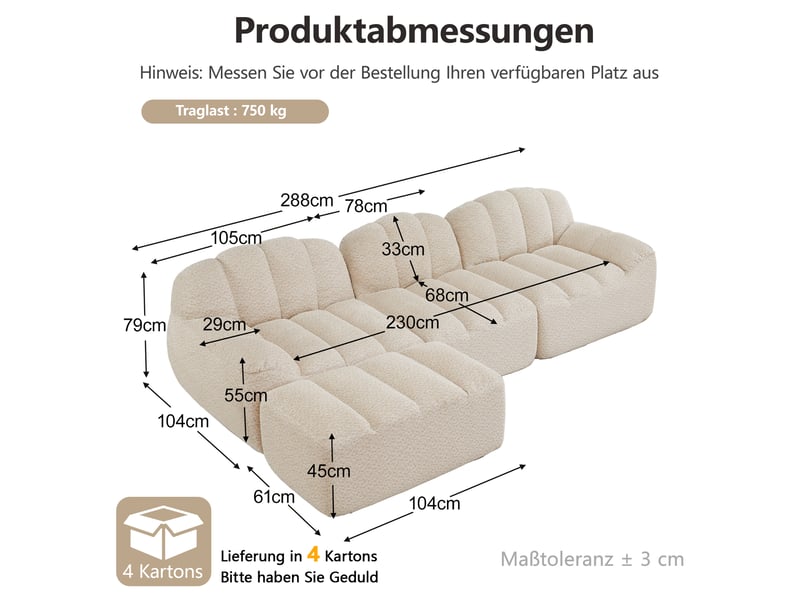 Canapé d’angle coquille 3 places avec pouf beigeblanc – 288 x 165 x 79 cm Fay Lum - Conforama C