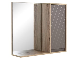 Miroir de salle de bain avec étagère et placard - système fixation intégré - panneaux particules chêne clair gris