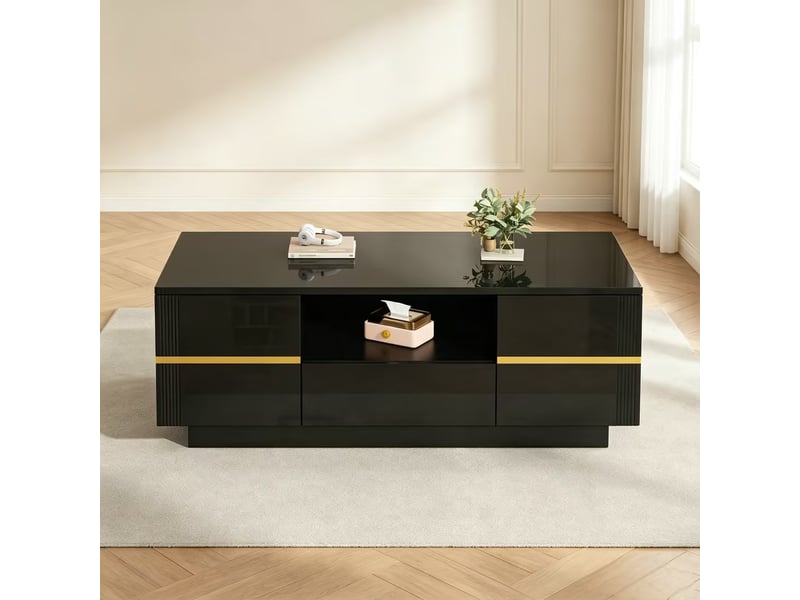  Table basse avec 2 portes, tiroir et niche pour salon en mdf 100×50×35,5 cm noir et doré  - Conforama B