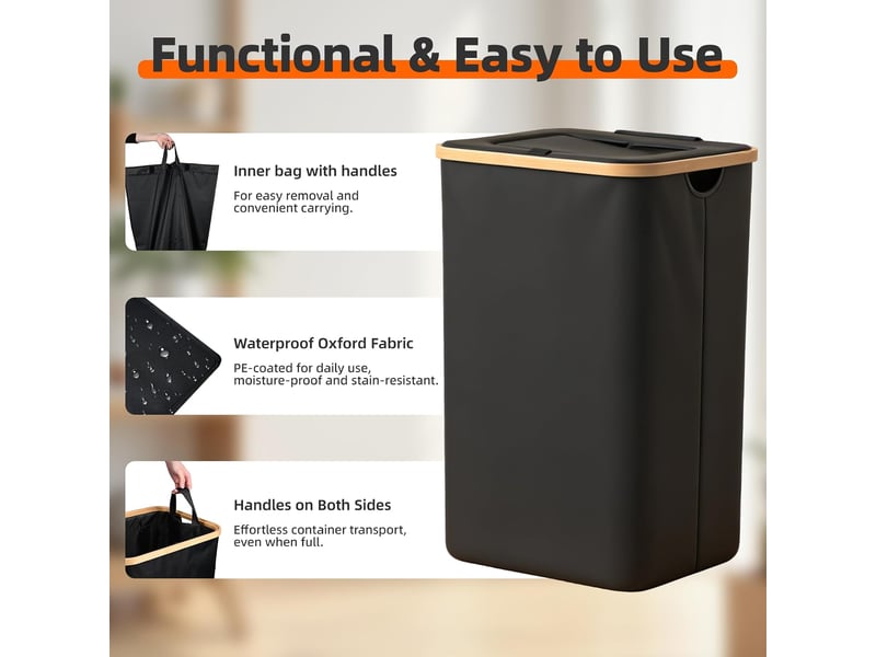 Panier à linge avec couvercle et sac intérieur amovible 100l corbeille à linge pliable grande capacité, bac à linge sale avec poignées pour chambre, buanderie, salle de bain, noir - Conforama D
