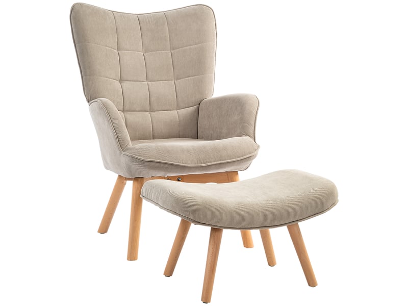  Fauteuil à oreilles et son repose-pieds piètement bois velours côtelé dossier effet capitonné marron clair  - Conforama A