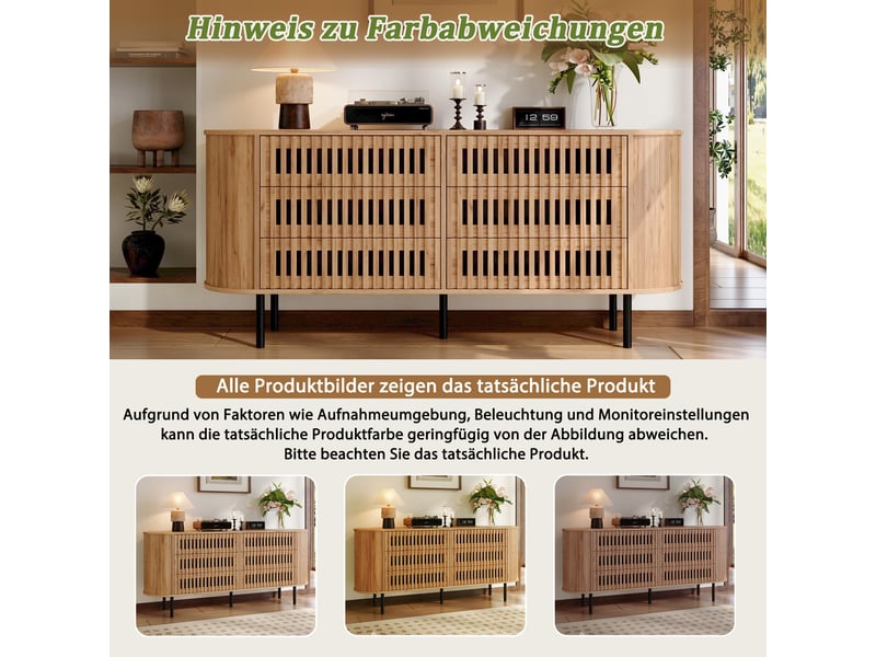  Buffet naturel 160 × 40 × 70 cm, en mdf et métal, avec 6 tiroirs et pieds en métal et façades texturées  - Conforama D