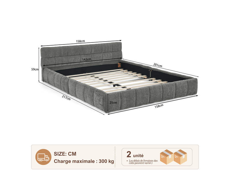  Bubble bed 140x200 cm, lit double rembourré 140x200 cm - cadre de lit - lit en chenille - sommier à lattes - capacité de charge 300 kg - chenille - gris  - Conforama C