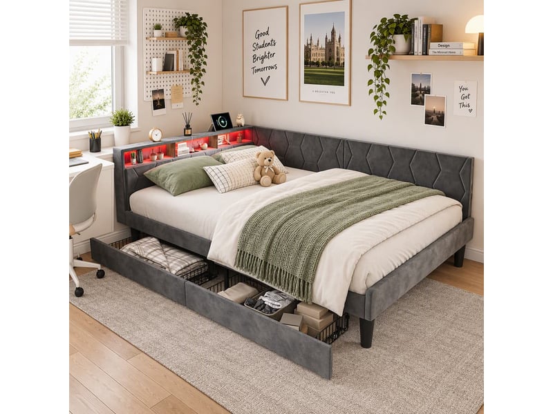  Canapé lit 2 places 140x200 avec lampe led et port usb, lit banquette capitonné avec 2 tiroirs, lit rembourré en l avec sommier à lattes, lit double pour adultes et adolescents, gris velours  - Conforama B