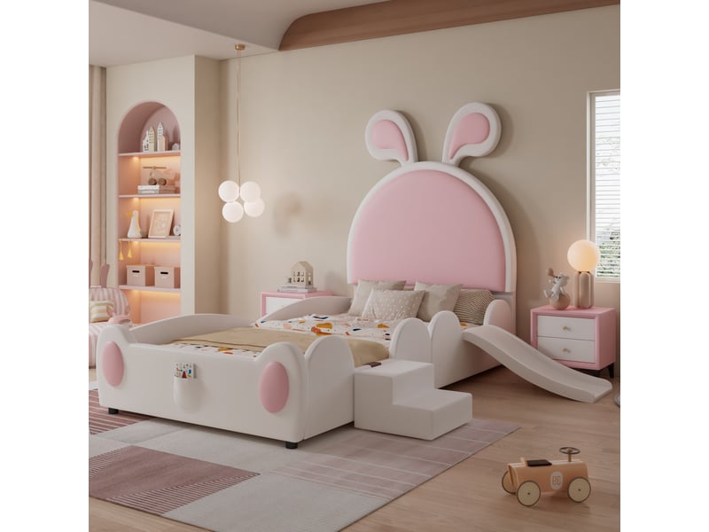 Lit enfant 90x200 cm, escalier, toboggan, sommier, style cartoon, pu blanc+rose, sans matelas - Conforama W