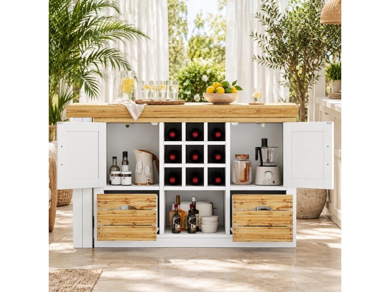 Table extensible avec buffet, plateau rotatif à 360 degrés, 1 tiroir pour cuisine, en mdf, 120×40×72 cm, blanc - Conforama C