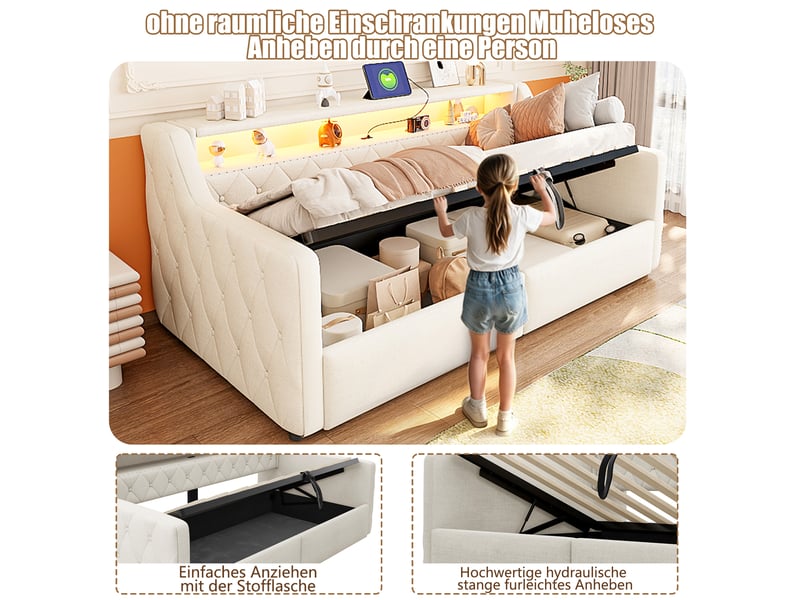  Lit de jour 90x200 cm avec led - lit coffre hydraulique en lin beige avec ports usb et type-c  - Conforama E