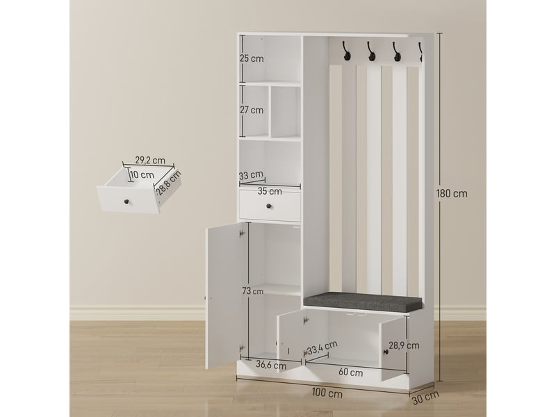  Armoire de 180 cm avec penderie, banc à chaussures, 4 crochets, étagères ouvertes, mdf, blanc  - Conforama E