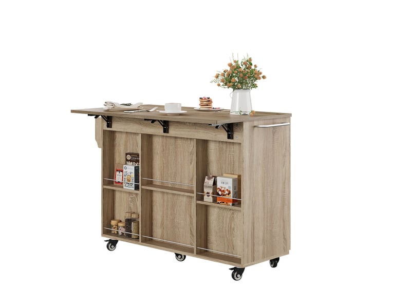  Desserte de cuisine 120x43,5x92,9 cm, sur roulettes, plateau rabattable, tiroir et placards, mdf, couleur chêne sonoma  - Conforama A