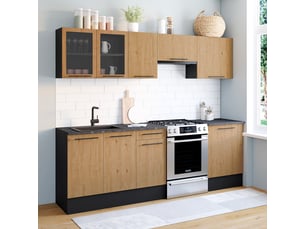 Cuisine complète 240 cm subtil avec vitrine + plan de travail 7 éléments noir et façon hêtre